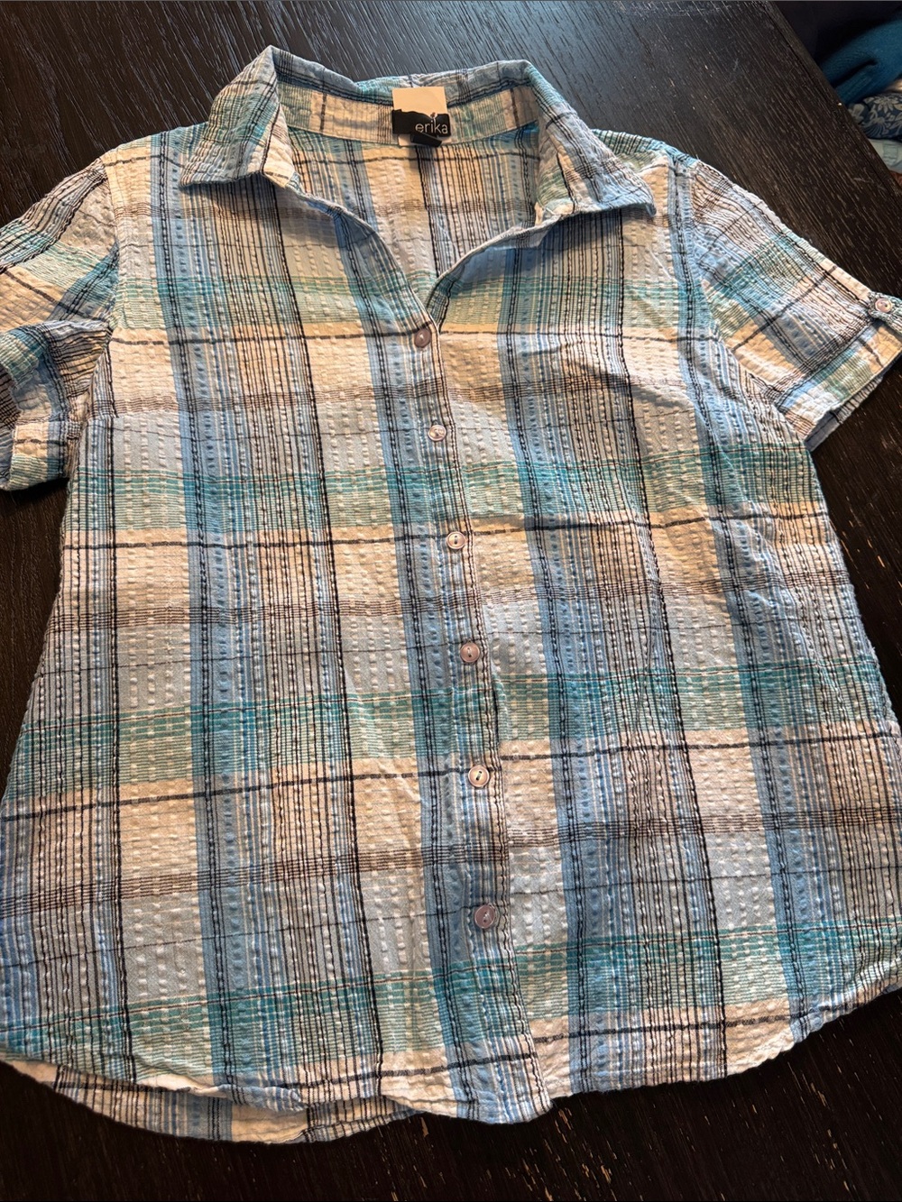 Erika Plaid Short-Sleeve Button-Down Shirt in Blue, White and Teal 100% Cotton